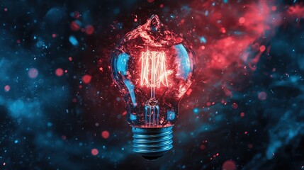 Red and blue glowing lightbulb explodes with energy, ideal for science, technology, or innovation visuals.