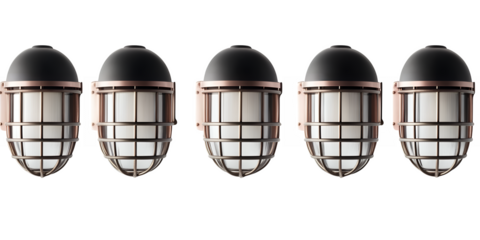 Five industrial wall lights with copper accents and protective cages arranged in a row