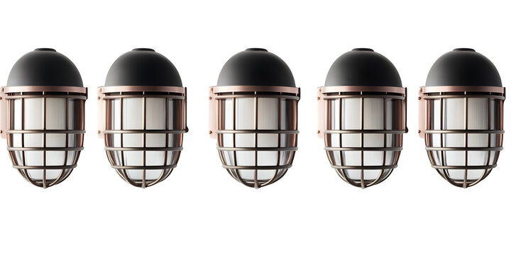 Five industrial wall lights with copper accents and protective cages arranged in a row - Powered by Adobe