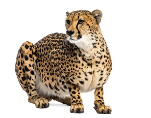 A cheetah, featuring a spotted coat, sits on a white background. The big cat has alert eyes and a curious expression, gazing slightly to its right