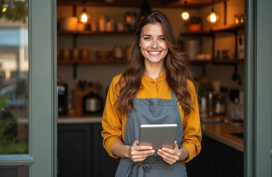 Young woman wearing apron stands at cafe or restaurant door holding digital tablet. She smiles and looks friendly. Modern kitchen background with shelves and light fixtures.