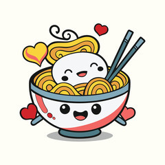 Cute kawaii ramen bowl with happy face and hearts illustration