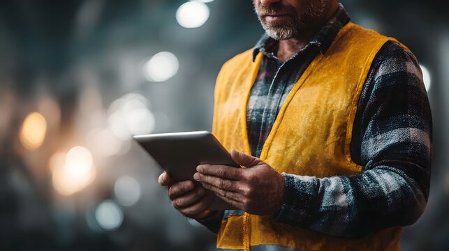 A mature man wearing a high visibility safety vest and plaid shirt uses a digital tablet in a dimly lit industrial environment