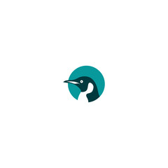 Teal and navy bird head with white throat silhouette inside teal circle background