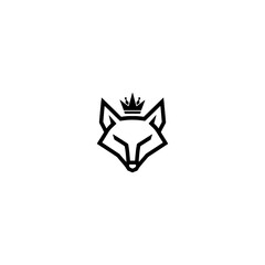 Minimalist black outline fox head with crown, centered on a stark white background