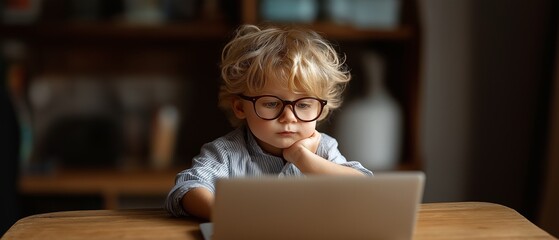 A young youngster wearing glasses uses a laptop to study.