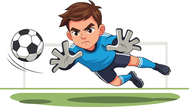 A vibrant, action-packed illustration depicting a determined goalkeeper's full-stretch dive to intercept a moving black and white soccer ball