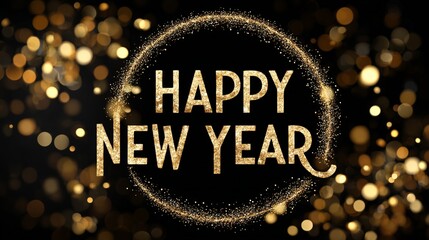 Sparkling Happy New Year message surrounded by golden glitter and bokeh lights on black background