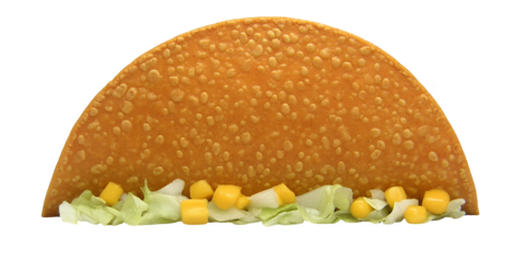 Crispy fried taco shell filled with shredded lettuce and corn kernels isolated on black