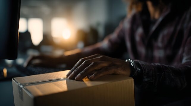 A person s hands rest on a package on a desk with a computer and warm office lighting in the background