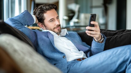 Handsome ceo is sitting on the office sofa, using his phone to check social media applications.