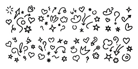 Collection of hand drawn doodle elements including hearts stars arrows clouds and question marks