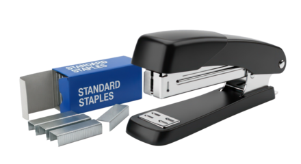 A black stapler with a blue box of staples and a stack of staples on a white background.