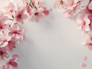 Fototapeta premium Soft pink flowers frame a white background with open center space, offering a clean, gentle, and elegant setting for text or design elements.