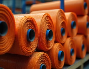 Orange fabric rolls stacked in factory. Textile rolls prepared for manufacturing clothes. Material stock at warehouse shelf. Concept of textile production industrial storehouse. Fiber structure