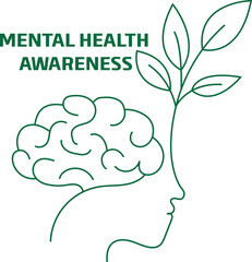 Minimal line art of a brain connected to blooming leaves, nature-inspired mental health awareness design.