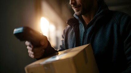 A delivery person scans a package with a handheld barcode scanner in a dimly lit indoor environment