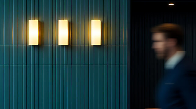 Illuminated teal wall with three light fixtures and blurred figure walking by, creating a modern and artistic architectural composition.