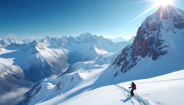One person skis uphill on snow mountain slope under bright sun. Majestic landscape with sharp peaks, deep valleys. Winter sport in vast snowy wilderness. Backcountry ski touring adventure journey in
