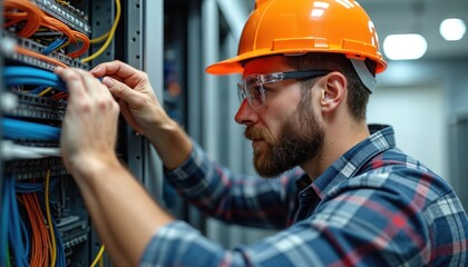 A technician working with network cables in server room. Man wearing hard hat and safety glasses working with fiber optic wires. Data center worker installs internet connection equipment.