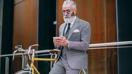 An elderly businessman is standing near a contemporary building on a bicycle and texting on his smartphone.
