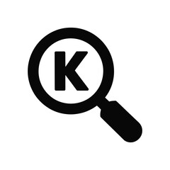 Search icon with k letter inside a magnifying glass on white background