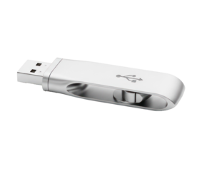 A silver USB drive with a metallic finish, isolated on a white background.