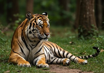 A majestic Bengal tiger with striking orange and black stripes rests peacefully on green grass in a natural forest habitat.