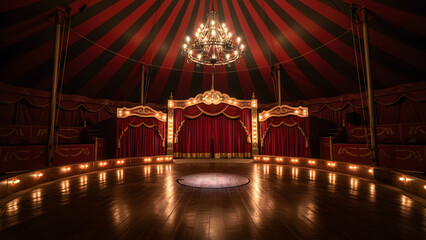 A detailed and dramatic image of the interior of an empty circus tent at night. The view is from a low angle
