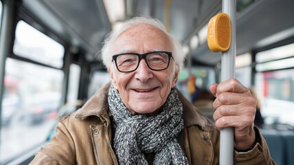 Elderly passenger smiles at the camera while gripping the handle of a public bus.