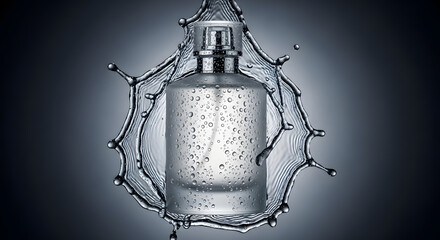 Elegant glass fragrance bottle with refreshing water splash and droplets, showcasing freshness and purity on a dark background