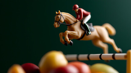 Toy horse and rider jumping over a barrier. Equestrian sport miniature on a green background, with fruit in the foreground. Symbol of skill and control.