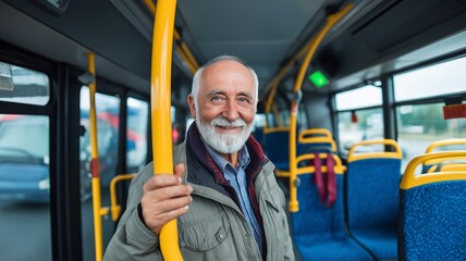 Elderly passenger smiles at the camera while gripping the handle of a public bus.