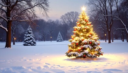 Obraz premium Snowy Christmas Tree in Park.