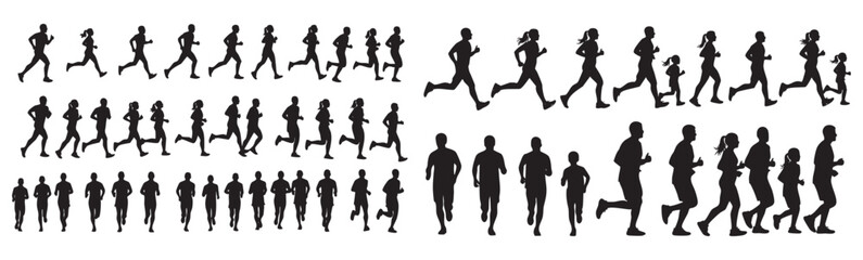 Fototapeta premium silhouettes depicting men and women running and jogging in various strides and angles