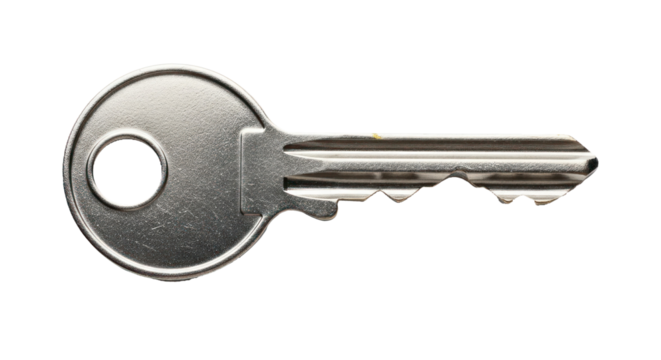 A silver key with a round head and a serrated edge, isolated on a white background.