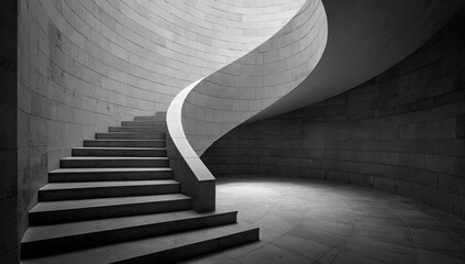Architectural spiral staircase, cast in shadow. Arched shape with steps, bright light from above