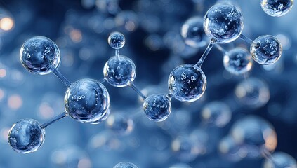 Close-up of molecular structure, spheres of clear, water-like substance connected by bonds