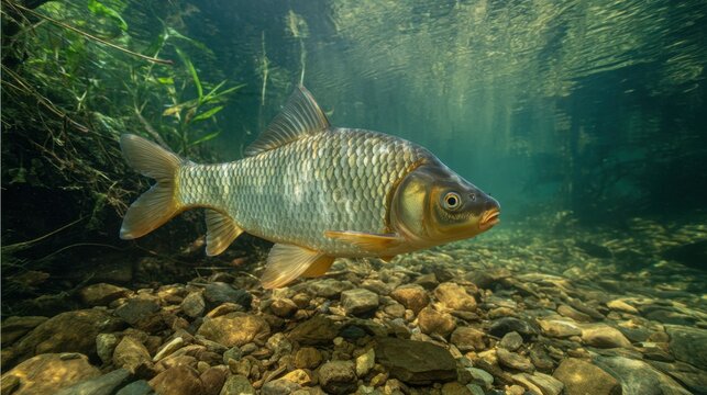 Close-up of a Carp Bream swimming in a clear pond, surrounded by river plants and sunlight filtering through the water in a natural, wild setting.