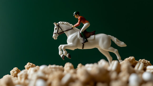 Equestrian figurine leaping over breakfast cereal. A white horse and rider in mid-air, against a solid green background. Concept: childhood dreams, imagination.