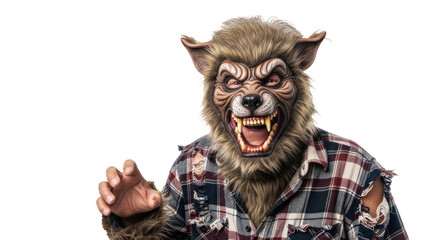 A person wearing a werewolf mask and a plaid shirt, standing against a white background.