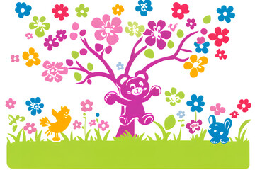 Obraz premium A whimsical illustration of a tree with colorful flowers a bear cub a bird and a rabbit on a grassy ground