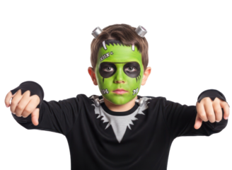 A boy in a Frankenstein costume with green face paint, black shirt, and horns on his head, standing with his arms outstretched and thumbs down.