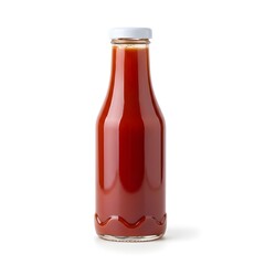 High key studio shot of full clear glass bottle of rich red ketchup with white screw cap and wavy contour base, isolated on pure white background with bright even lighting for product display