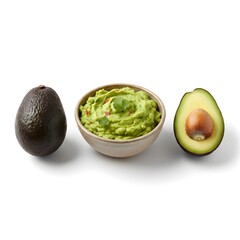 High key studio shot of whole and halved avocados with bowl of chunky guacamole fresh green fruit isolated on white background, healthy mexican food photography concept
