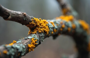 Fototapeta premium Macro shot presents tree branch covered with moss, lichen. Yellow fungi grow on grey bark. Plant life thrives in humid place. Branch lies against blurred grey background. Natural scenery presents