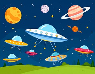 Naklejka premium Cartoon space scene with UFOs