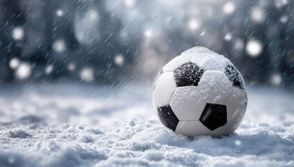 Fototapeta premium A soccer ball rests in snow. Snowy weather and flurries blur the background in a winter scene