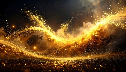 A celestial scene, golden light streams through smoky clouds, creating a dynamic and ethereal landscape filled with glimmering particles