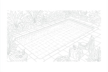 Obraz premium Outdoor swimming pool area with lush green plants and seating garden greenery